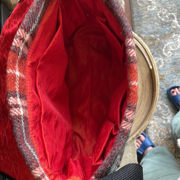 Kate Spade Wool-Plaid bag, navy-orange- cream outside, orange leaf deign inside. - Picture 9 of 13